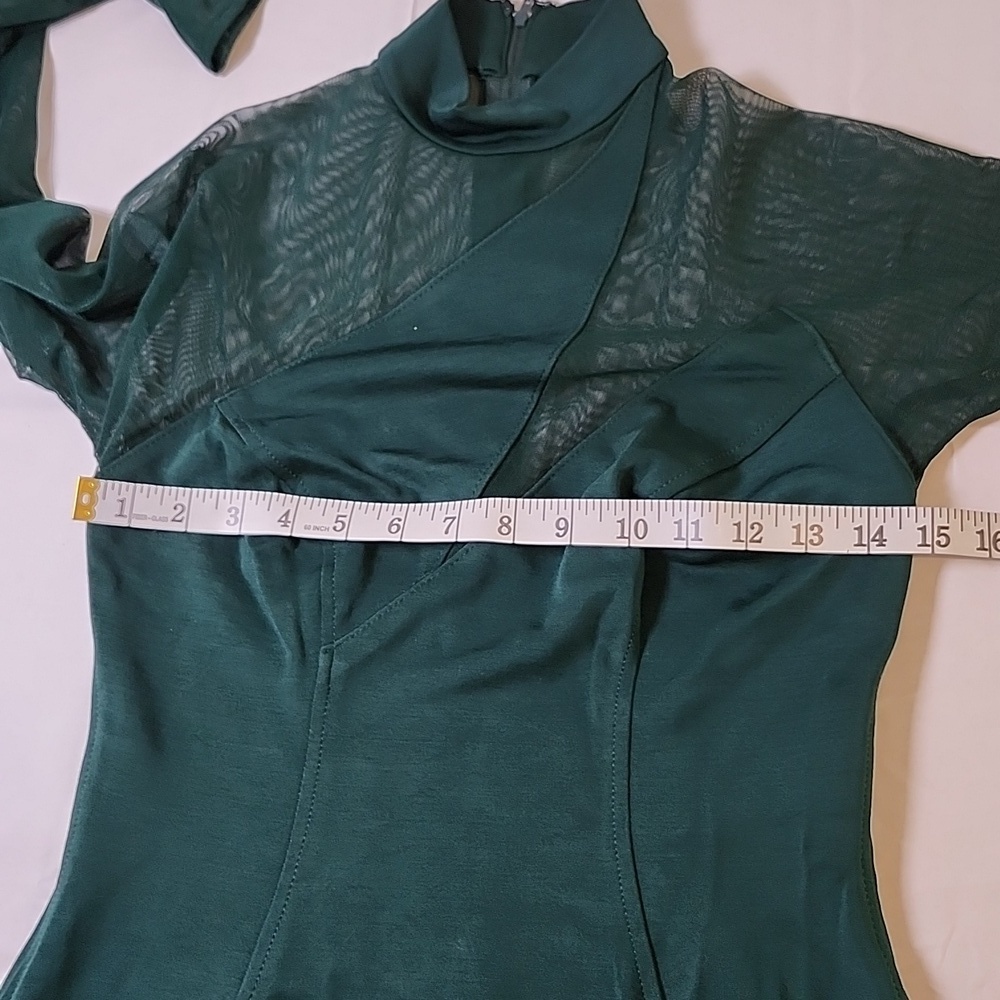 Tadashi Shoji Vintage Dark Green Mesh Insert Long Sleeve Dress Size Small - Picture 8 of 10